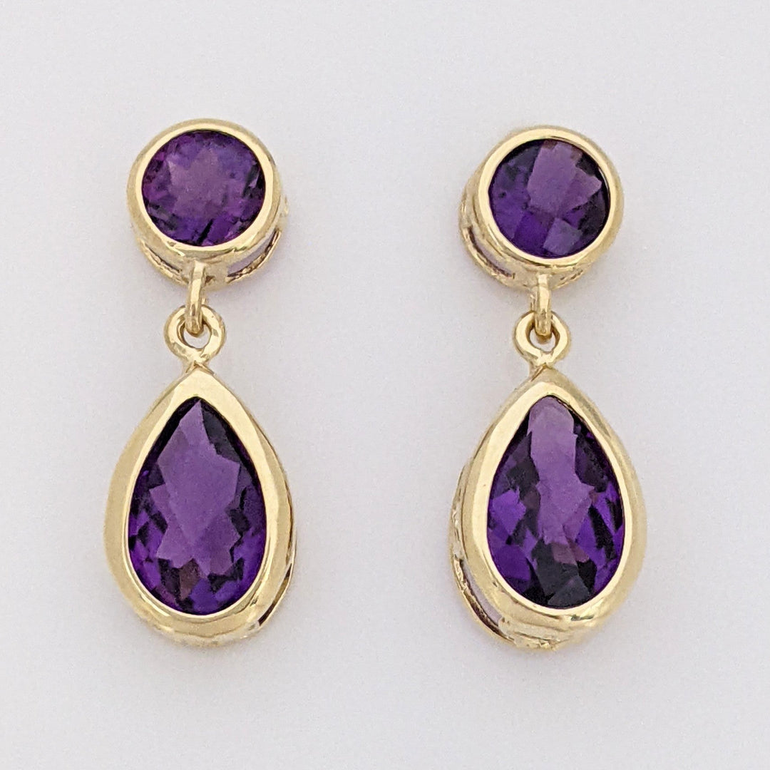 14K AMETHYST PEAR 6X8MM (2) ROUND 5MM (2) ESTATE DANGLE EARRINGS 2.2 GRAMS