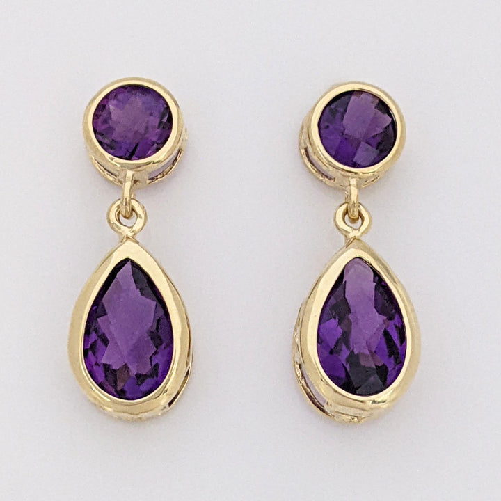 14K AMETHYST PEAR 6X8MM (2) ROUND 5MM (2) ESTATE DANGLE EARRINGS 2.2 GRAMS