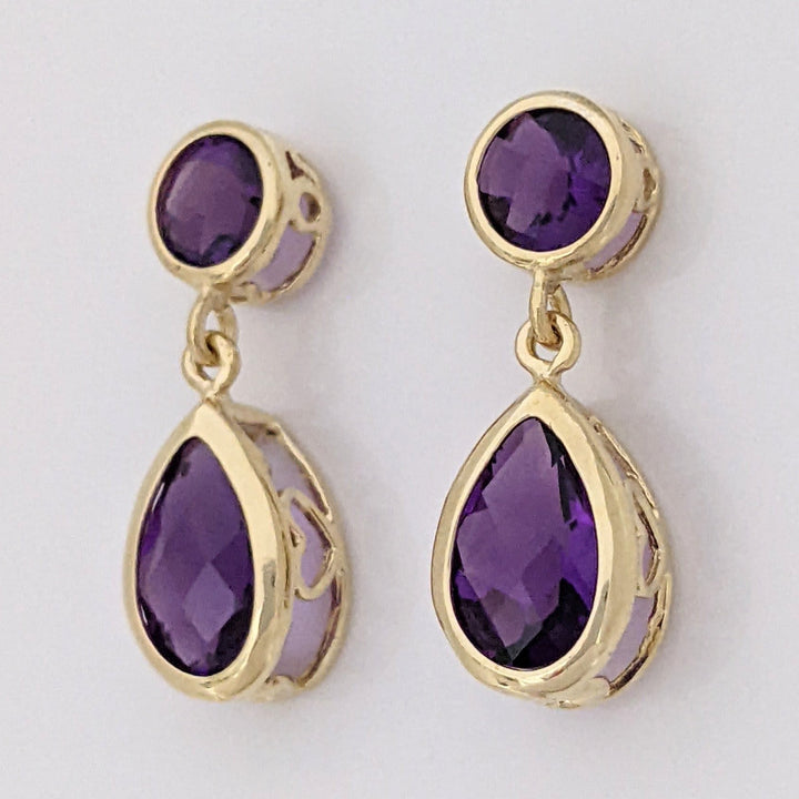 14K AMETHYST PEAR 6X8MM (2) ROUND 5MM (2) ESTATE DANGLE EARRINGS 2.2 GRAMS