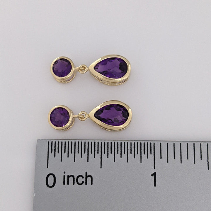 14K AMETHYST PEAR 6X8MM (2) ROUND 5MM (2) ESTATE DANGLE EARRINGS 2.2 GRAMS