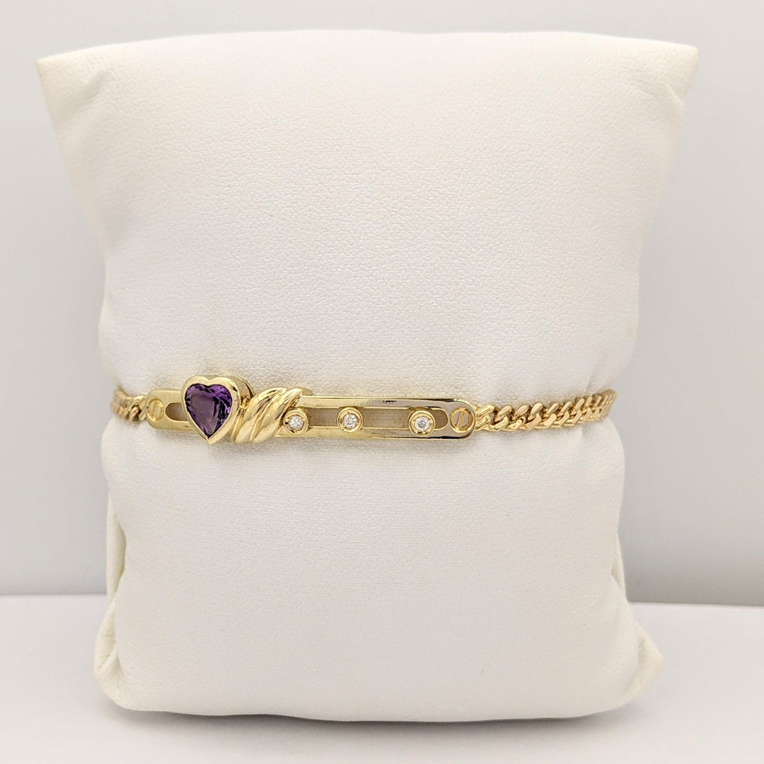 14K AMETHYST HEART 7MM WITH (3) MELEE MOVABLE ESTATE BRACELET 8.4 GRAMS