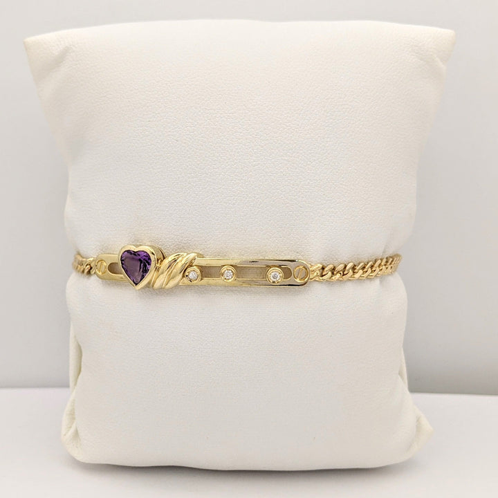 14K AMETHYST HEART 7MM WITH (3) MELEE MOVABLE ESTATE BRACELET 8.4 GRAMS