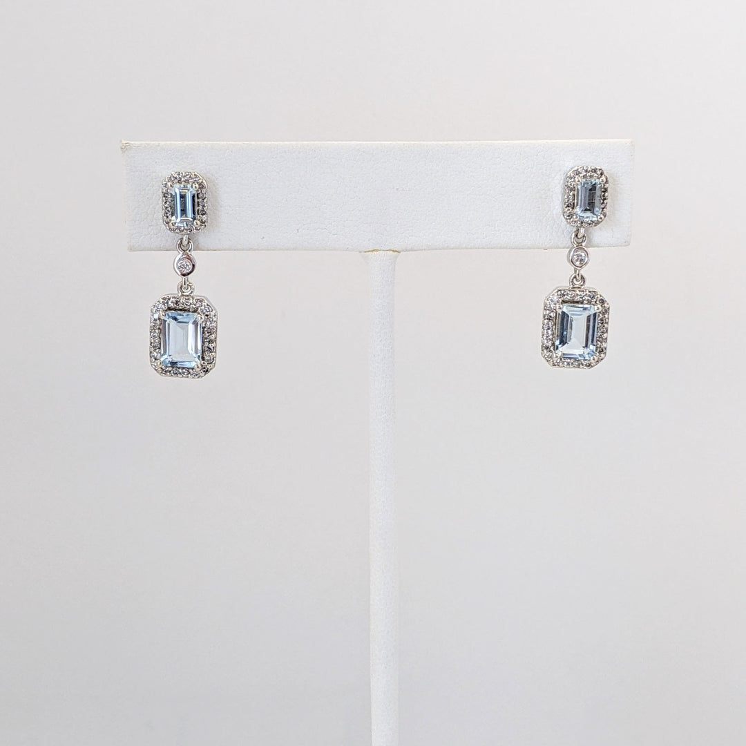 14K WHITE AQUAMARINE EMERALD CUT 3X5 (2) 5X7 (2) WITH .59 DIAMOND TOTAL WEIGHT DANGLE ESTATE EARRINGS 6.1 GRAMS
