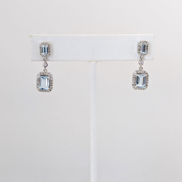 14K WHITE AQUAMARINE EMERALD CUT 3X5 (2) 5X7 (2) WITH .59 DIAMOND TOTAL WEIGHT DANGLE ESTATE EARRINGS 6.1 GRAMS