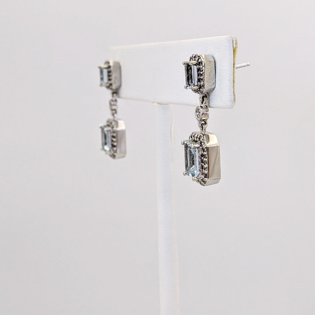 14K WHITE AQUAMARINE EMERALD CUT 3X5 (2) 5X7 (2) WITH .59 DIAMOND TOTAL WEIGHT DANGLE ESTATE EARRINGS 6.1 GRAMS