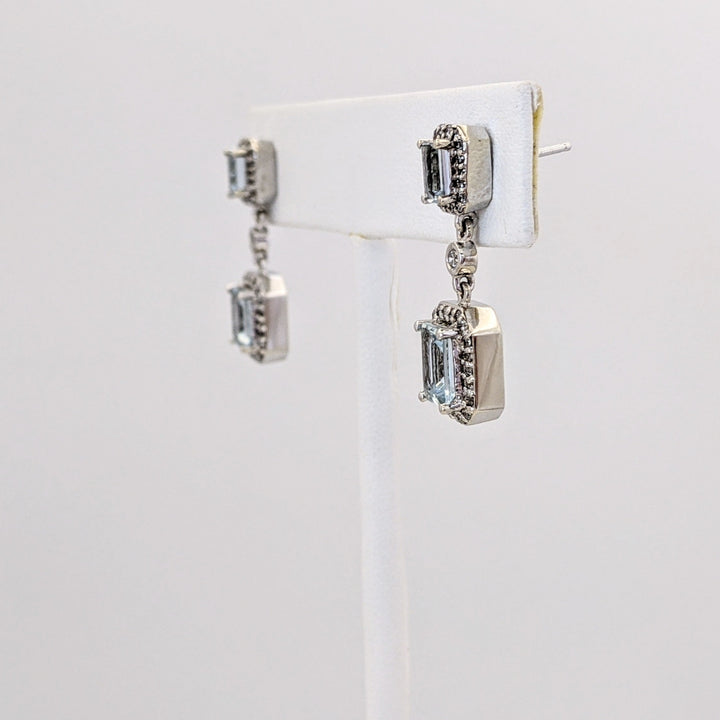 14K WHITE AQUAMARINE EMERALD CUT 3X5 (2) 5X7 (2) WITH .59 DIAMOND TOTAL WEIGHT DANGLE ESTATE EARRINGS 6.1 GRAMS