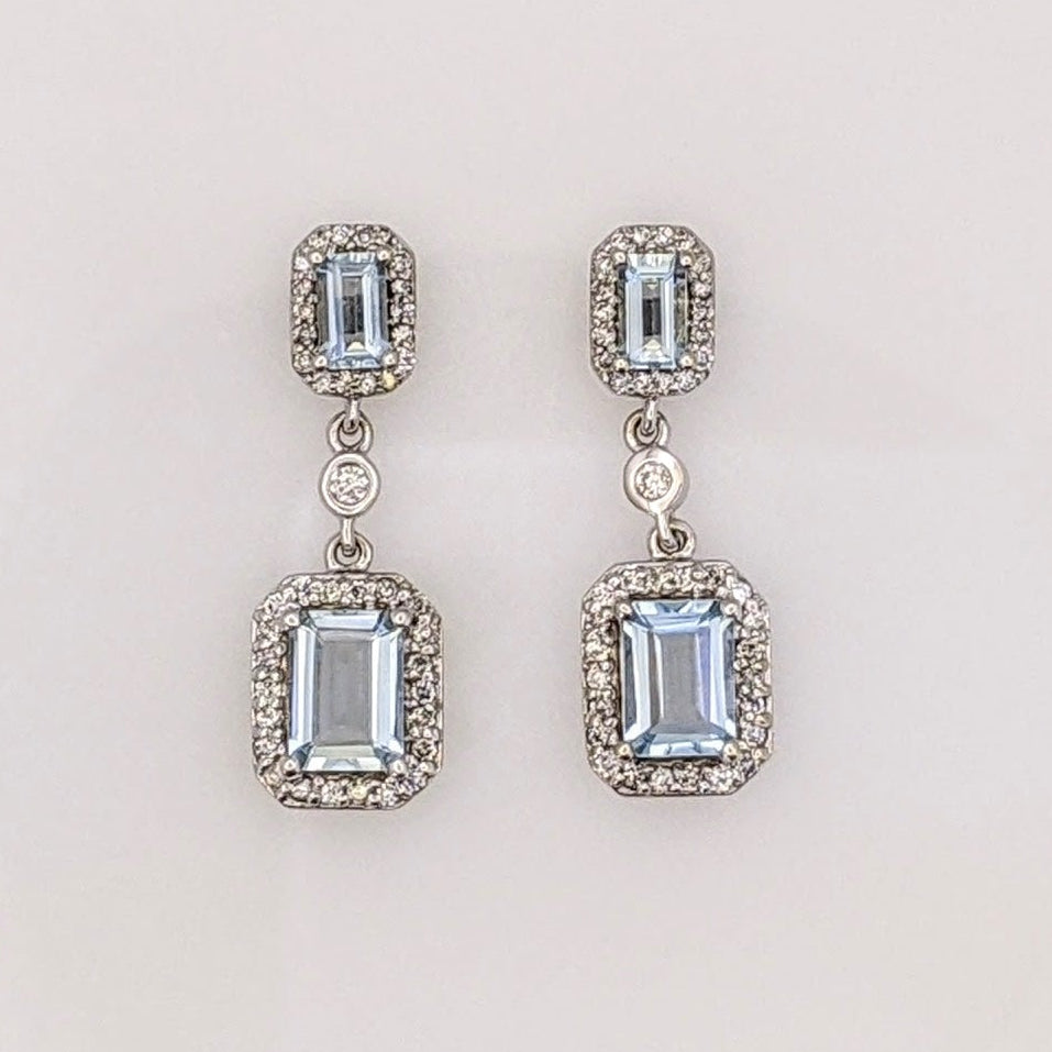 14K WHITE AQUAMARINE EMERALD CUT 3X5 (2) 5X7 (2) WITH .59 DIAMOND TOTAL WEIGHT DANGLE ESTATE EARRINGS 6.1 GRAMS