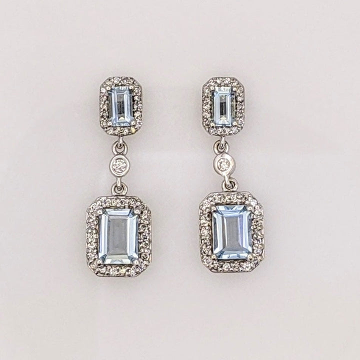 14K WHITE AQUAMARINE EMERALD CUT 3X5 (2) 5X7 (2) WITH .59 DIAMOND TOTAL WEIGHT DANGLE ESTATE EARRINGS 6.1 GRAMS