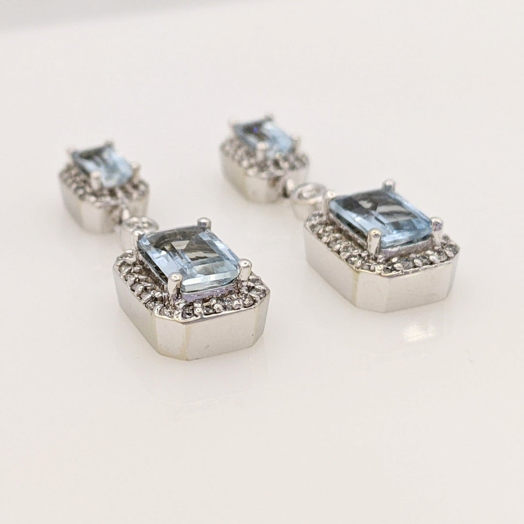 14K WHITE AQUAMARINE EMERALD CUT 3X5 (2) 5X7 (2) WITH .59 DIAMOND TOTAL WEIGHT DANGLE ESTATE EARRINGS 6.1 GRAMS