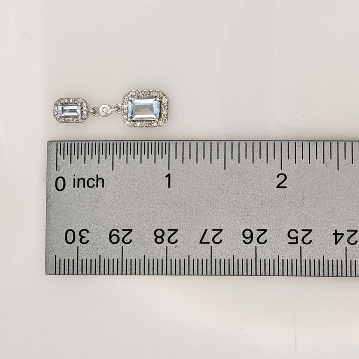 14K WHITE AQUAMARINE EMERALD CUT 3X5 (2) 5X7 (2) WITH .59 DIAMOND TOTAL WEIGHT DANGLE ESTATE EARRINGS 6.1 GRAMS