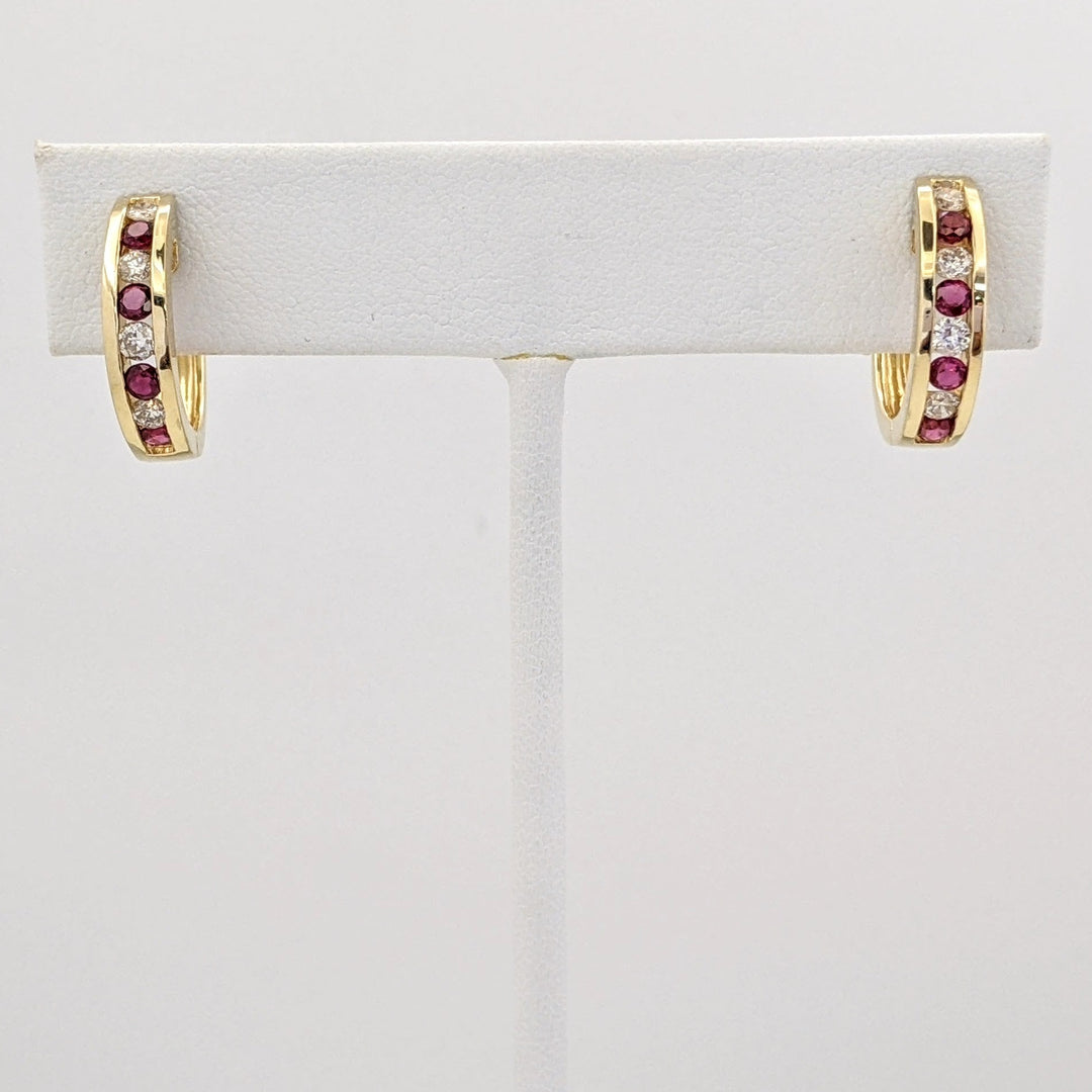 14K RUBY ROUND (8) WITH .36 DIAMOND TOTAL WEIGHT (8) ROUND CHANNEL HOOP ESTATE EARRINGS 6.6 GRAMS