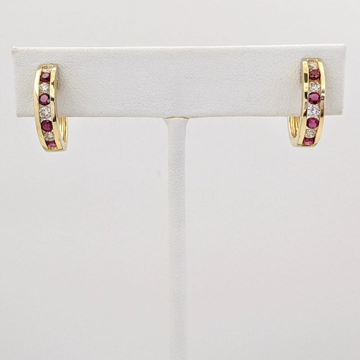 14K RUBY ROUND (8) WITH .36 DIAMOND TOTAL WEIGHT (8) ROUND CHANNEL HOOP ESTATE EARRINGS 6.6 GRAMS