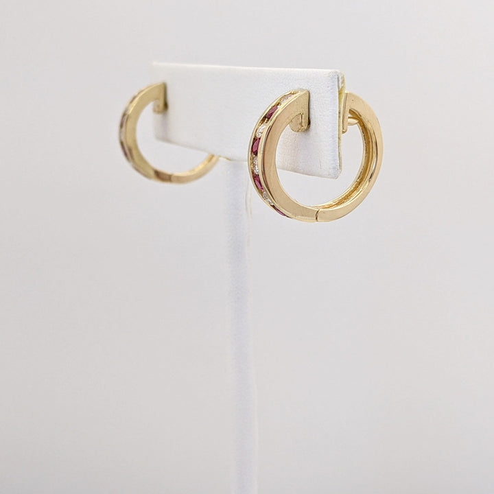 14K RUBY ROUND (8) WITH .36 DIAMOND TOTAL WEIGHT (8) ROUND CHANNEL HOOP ESTATE EARRINGS 6.6 GRAMS
