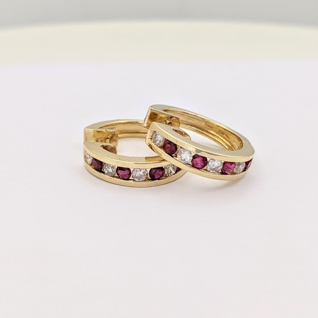 14K RUBY ROUND (8) WITH .36 DIAMOND TOTAL WEIGHT (8) ROUND CHANNEL HOOP ESTATE EARRINGS 6.6 GRAMS