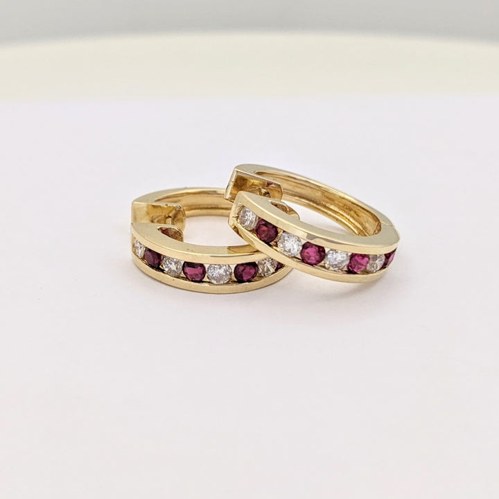 14K RUBY ROUND (8) WITH .36 DIAMOND TOTAL WEIGHT (8) ROUND CHANNEL HOOP ESTATE EARRINGS 6.6 GRAMS
