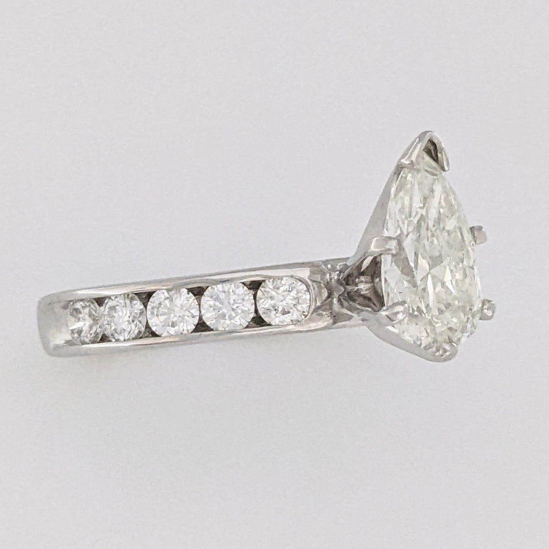 14K WHITE 2.39 CARAT TOTAL WEIGHT I1 K DIAMOND PEAR WITH (10) ROUND CHANNEL DIAMOND ESTATE RING 4.1 GRAMS