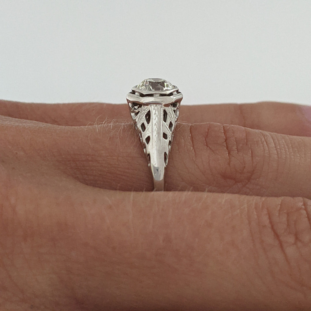 14K WHITE .84 CARAT TOTAL VS2 M DIAMOND ROUND EURO ANTIQUE STYLE ESTATE RING 2.9 GRAMS