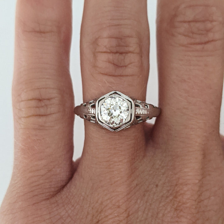 14K WHITE .84 CARAT TOTAL VS2 M DIAMOND ROUND EURO ANTIQUE STYLE ESTATE RING 2.9 GRAMS