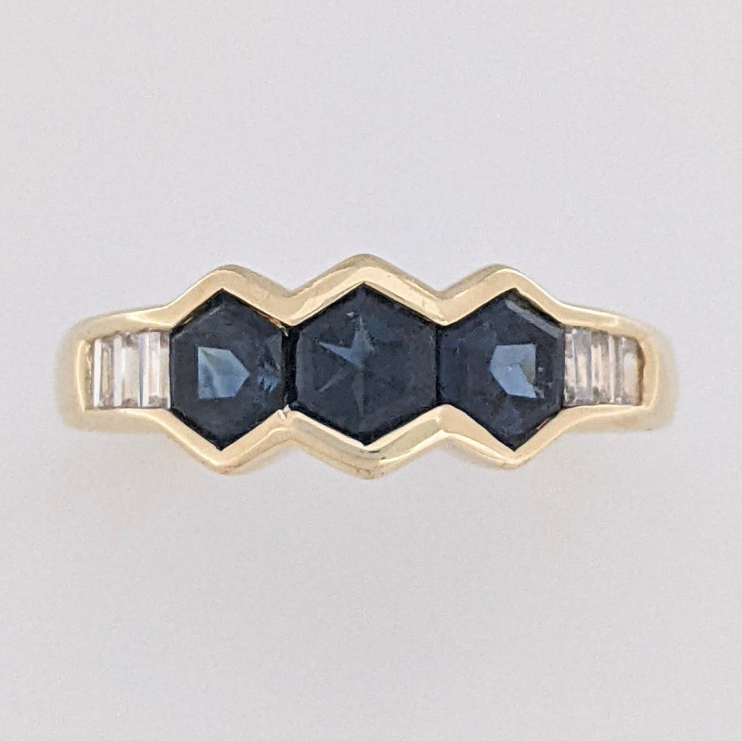 14K SAPPHIRE HEXAGON (3) 4.5MM WITH .24 DIAMOND TOTAL WEIGHT (6) BAGUETTE ESTATE RING 3.6 GRAMS