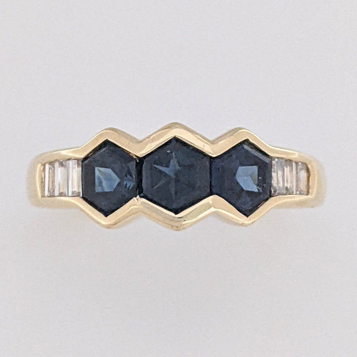 14K SAPPHIRE HEXAGON (3) 4.5MM WITH .24 DIAMOND TOTAL WEIGHT (6) BAGUETTE ESTATE RING 3.6 GRAMS