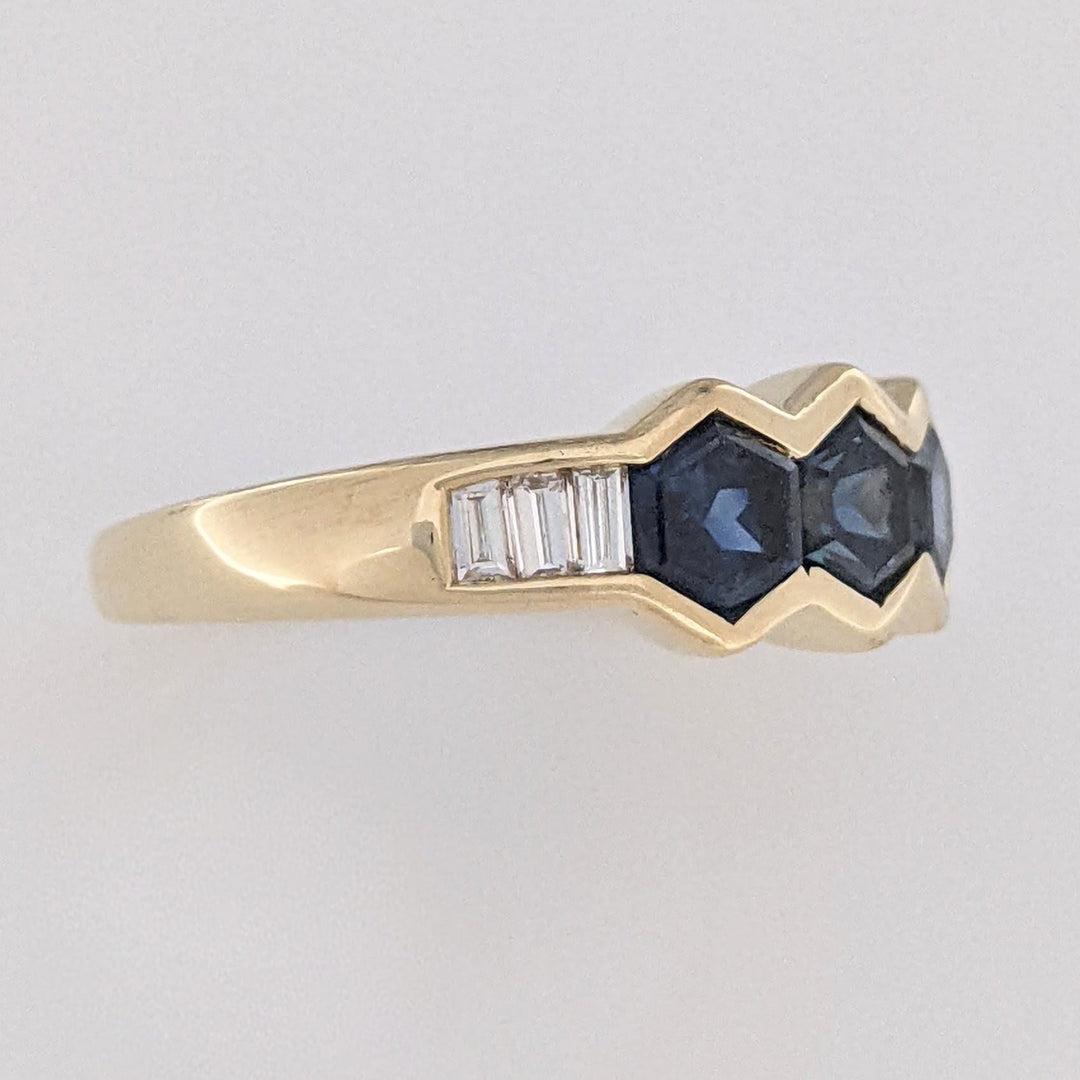 14K SAPPHIRE HEXAGON (3) 4.5MM WITH .24 DIAMOND TOTAL WEIGHT (6) BAGUETTE ESTATE RING 3.6 GRAMS