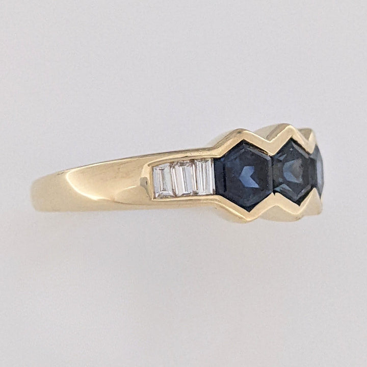 14K SAPPHIRE HEXAGON (3) 4.5MM WITH .24 DIAMOND TOTAL WEIGHT (6) BAGUETTE ESTATE RING 3.6 GRAMS