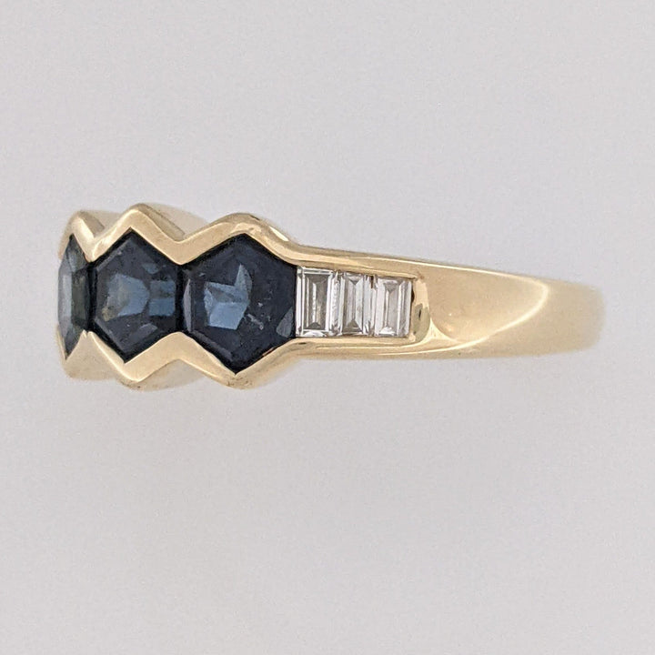 14K SAPPHIRE HEXAGON (3) 4.5MM WITH .24 DIAMOND TOTAL WEIGHT (6) BAGUETTE ESTATE RING 3.6 GRAMS