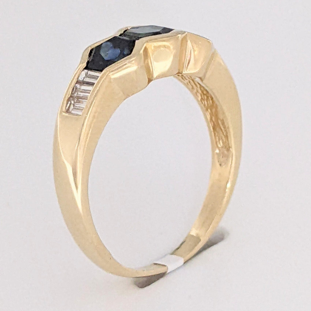 14K SAPPHIRE HEXAGON (3) 4.5MM WITH .24 DIAMOND TOTAL WEIGHT (6) BAGUETTE ESTATE RING 3.6 GRAMS