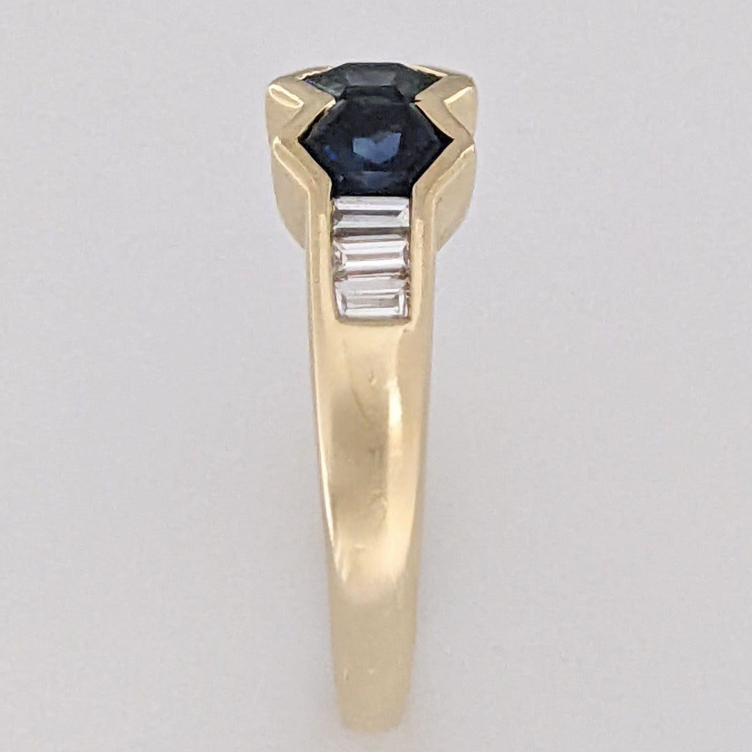 14K SAPPHIRE HEXAGON (3) 4.5MM WITH .24 DIAMOND TOTAL WEIGHT (6) BAGUETTE ESTATE RING 3.6 GRAMS