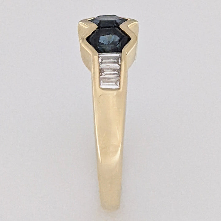 14K SAPPHIRE HEXAGON (3) 4.5MM WITH .24 DIAMOND TOTAL WEIGHT (6) BAGUETTE ESTATE RING 3.6 GRAMS