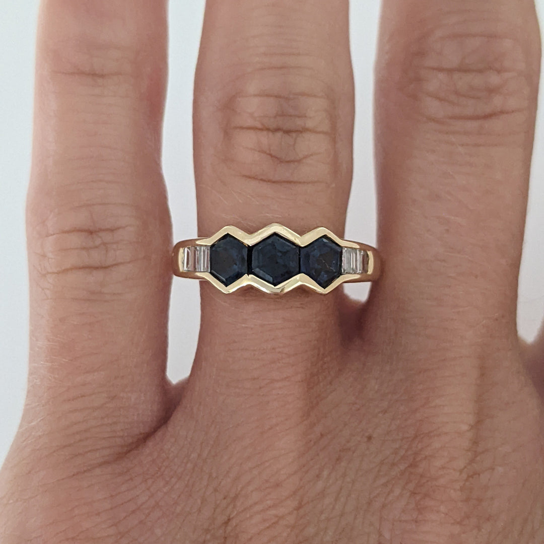 14K SAPPHIRE HEXAGON (3) 4.5MM WITH .24 DIAMOND TOTAL WEIGHT (6) BAGUETTE ESTATE RING 3.6 GRAMS