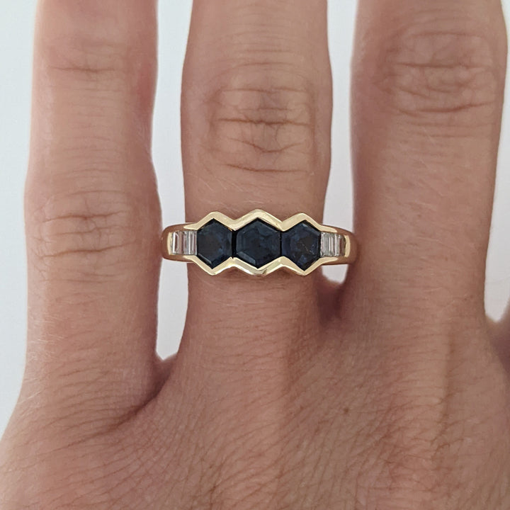 14K SAPPHIRE HEXAGON (3) 4.5MM WITH .24 DIAMOND TOTAL WEIGHT (6) BAGUETTE ESTATE RING 3.6 GRAMS