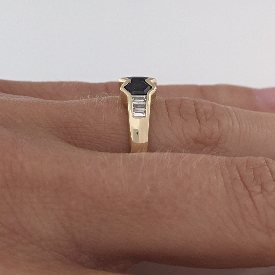14K SAPPHIRE HEXAGON (3) 4.5MM WITH .24 DIAMOND TOTAL WEIGHT (6) BAGUETTE ESTATE RING 3.6 GRAMS