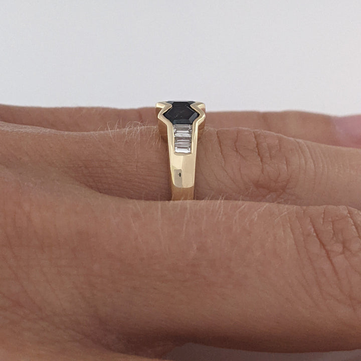 14K SAPPHIRE HEXAGON (3) 4.5MM WITH .24 DIAMOND TOTAL WEIGHT (6) BAGUETTE ESTATE RING 3.6 GRAMS