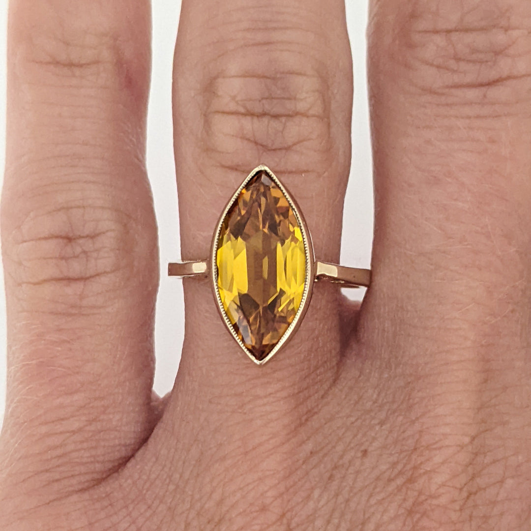 10K LAB-CREATED YELLOW SAPPHIRE MARQUISE 8X16 ESTATE BEZEL RING 3.2 GRAMS