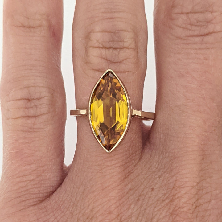 10K LAB-CREATED YELLOW SAPPHIRE MARQUISE 8X16 ESTATE BEZEL RING 3.2 GRAMS