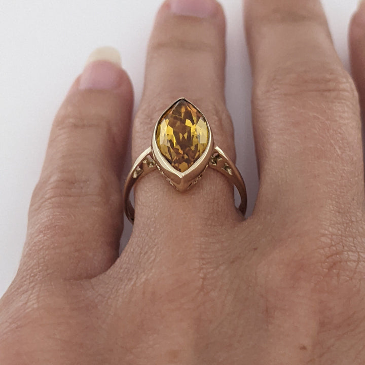 10K LAB-CREATED YELLOW SAPPHIRE MARQUISE 8X16 ESTATE BEZEL RING 3.2 GRAMS