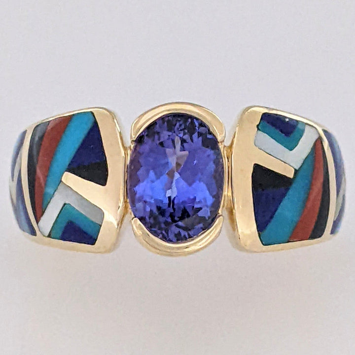 14K TANZANITE OVAL 6X8 WITH CARNELIAN, ONYX, LAPIS, TURQUOISE, AND MOTHER OF PEARL INLAY ESTATE RING 9.0 GRAMS