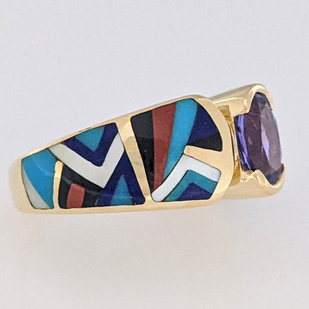 14K TANZANITE OVAL 6X8 WITH CARNELIAN, ONYX, LAPIS, TURQUOISE, AND MOTHER OF PEARL INLAY ESTATE RING 9.0 GRAMS