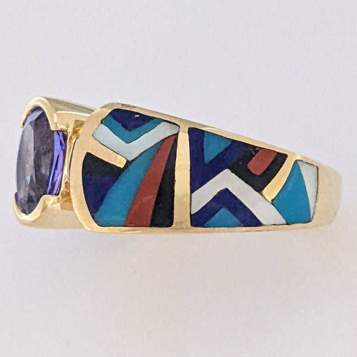 14K TANZANITE OVAL 6X8 WITH CARNELIAN, ONYX, LAPIS, TURQUOISE, AND MOTHER OF PEARL INLAY ESTATE RING 9.0 GRAMS