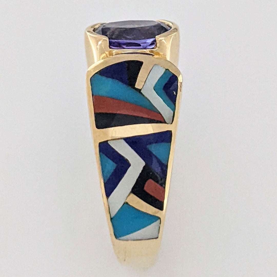 14K TANZANITE OVAL 6X8 WITH CARNELIAN, ONYX, LAPIS, TURQUOISE, AND MOTHER OF PEARL INLAY ESTATE RING 9.0 GRAMS