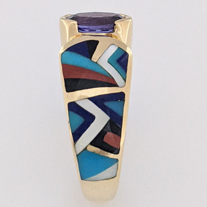 14K TANZANITE OVAL 6X8 WITH CARNELIAN, ONYX, LAPIS, TURQUOISE, AND MOTHER OF PEARL INLAY ESTATE RING 9.0 GRAMS