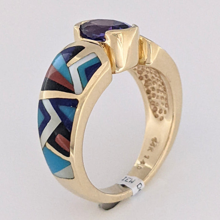 14K TANZANITE OVAL 6X8 WITH CARNELIAN, ONYX, LAPIS, TURQUOISE, AND MOTHER OF PEARL INLAY ESTATE RING 9.0 GRAMS