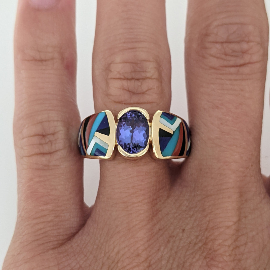 14K TANZANITE OVAL 6X8 WITH CARNELIAN, ONYX, LAPIS, TURQUOISE, AND MOTHER OF PEARL INLAY ESTATE RING 9.0 GRAMS