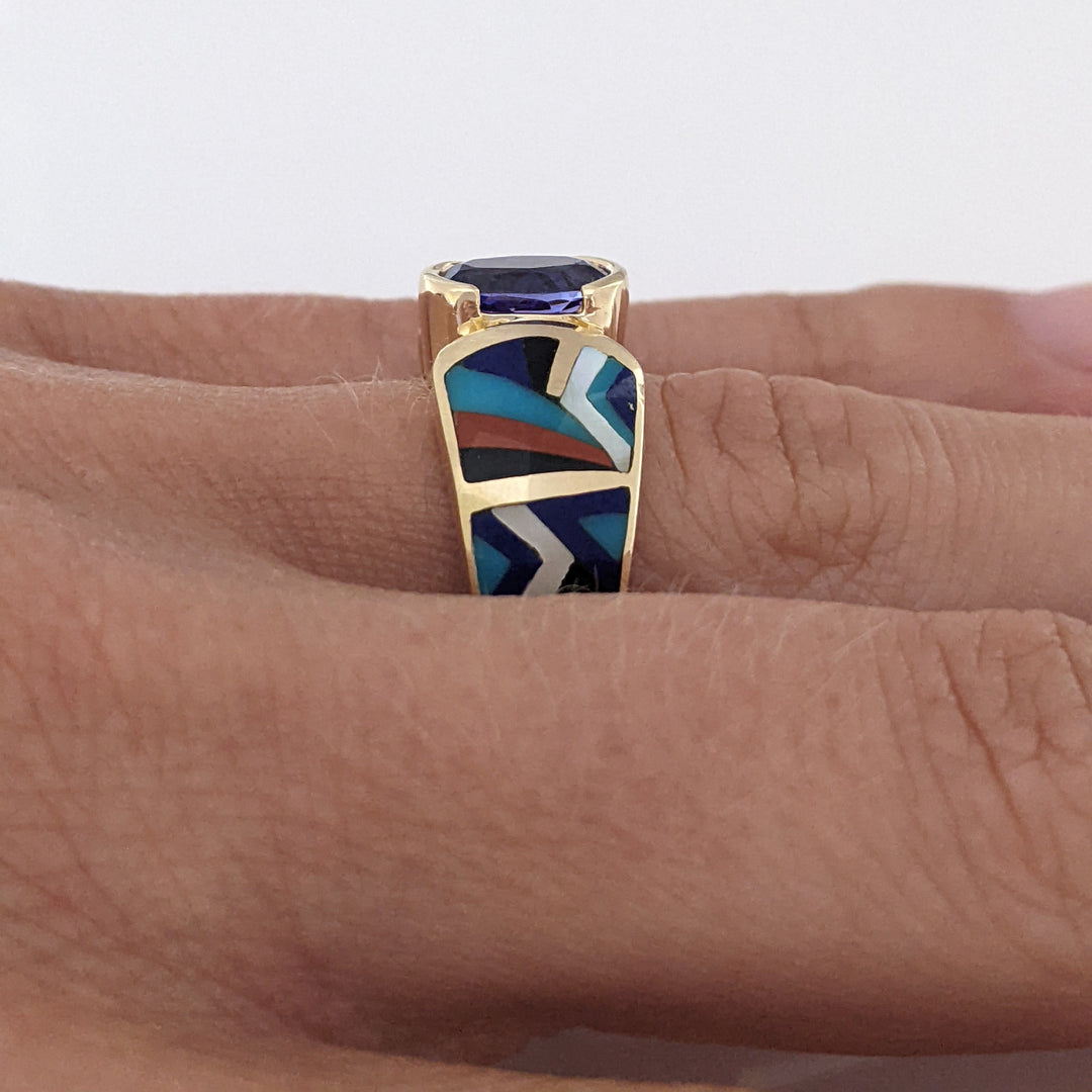 14K TANZANITE OVAL 6X8 WITH CARNELIAN, ONYX, LAPIS, TURQUOISE, AND MOTHER OF PEARL INLAY ESTATE RING 9.0 GRAMS