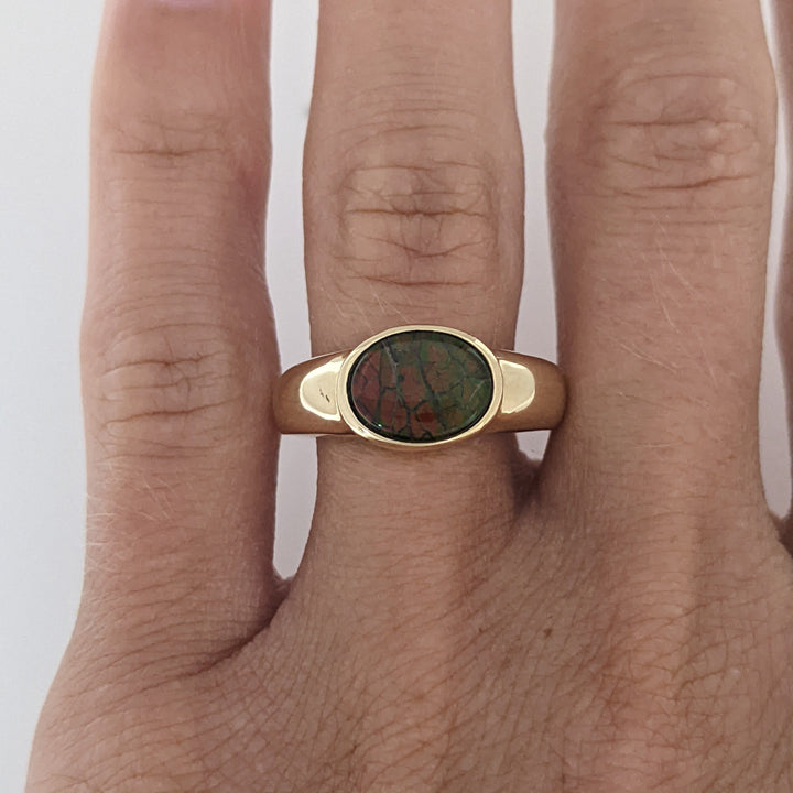 14K AMMOLITE OVAL 7X9 BEZEL ESTATE RING 4.6 GRAMS