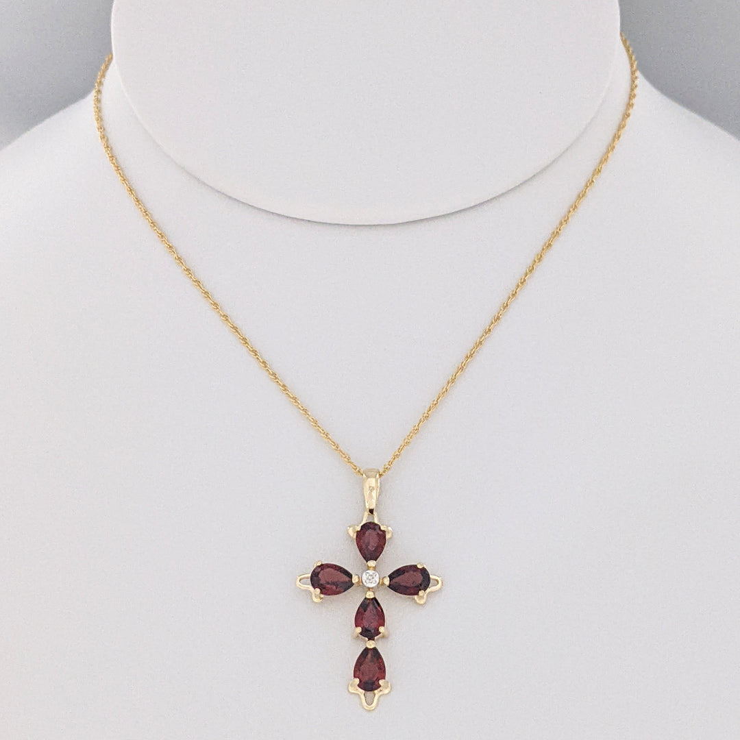 14K GARNET PEAR (5) 4X6 WITH MELEE ESTATE CROSS PENDANT &amp; CHAIN 3.0 GRAMS