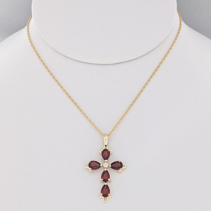 14K GARNET PEAR (5) 4X6 WITH MELEE ESTATE CROSS PENDANT &amp; CHAIN 3.0 GRAMS