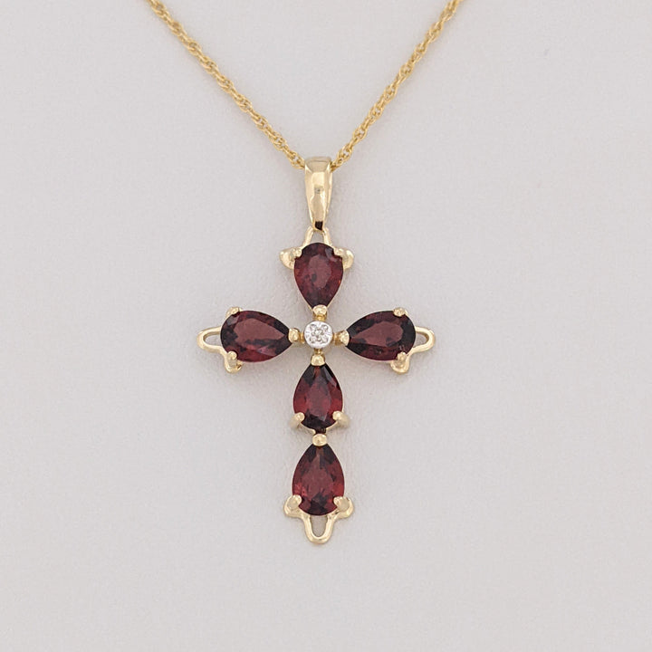14K GARNET PEAR (5) 4X6 WITH MELEE ESTATE CROSS PENDANT &amp; CHAIN 3.0 GRAMS