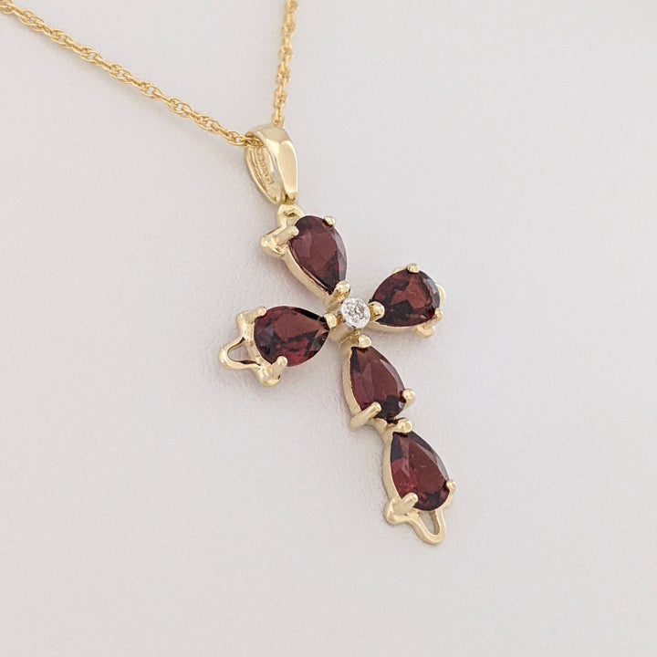 14K GARNET PEAR (5) 4X6 WITH MELEE ESTATE CROSS PENDANT &amp; CHAIN 3.0 GRAMS